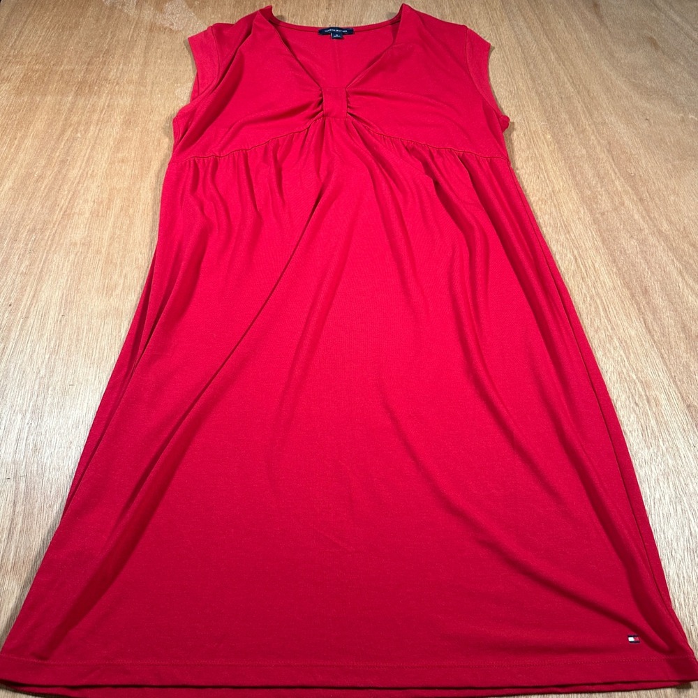 Tommy Hilfiger Dress Womens Medium Red Empire Waist V-Neck Jersey Knit Preppy